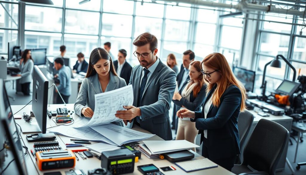 A bustling engineering office environment, featuring a diverse team of professionals in business attire collaborating on innovative projects. In the foreground, two engineers, one Asian and one European, examine blueprints and technical diagrams over a sleek, modern workstation filled with engineering tools and gadgets. The middle ground showcases large windows letting in natural light, highlighting the dynamic atmosphere of teamwork. In the background, you can glimpse advanced machinery and manufacturing equipment, symbolizing the engineering and manufacturing sector. The overall mood is energetic and focused, portraying a sense of opportunity and professional growth in the engineering field. The image is well-lit with a bright, inviting ambiance, captured from a slightly elevated angle to encompass the teamwork and innovation within the space.