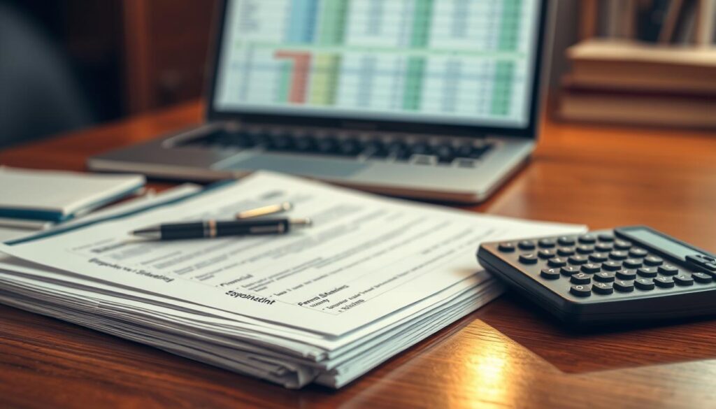 A close-up shot of a neatly arranged stack of supporting documents for visa sponsorship on a polished wooden desk. The foreground features a detailed view of a well-organized file with visible sections labeled: "Employment Verification," "Financial Statements," and "Personal References." In the middle, a professional-looking pen and a calculator rest beside the documents, hinting at meticulous preparation. In the background, a softly lit laptop displays a blurred spreadsheet, emphasizing a professional environment. The lighting is warm and inviting, creating a sense of productivity and hope. The overall mood conveys professionalism and diligence, ideal for someone seeking international visa sponsorship. The scene should not include any people or personal identifiers.