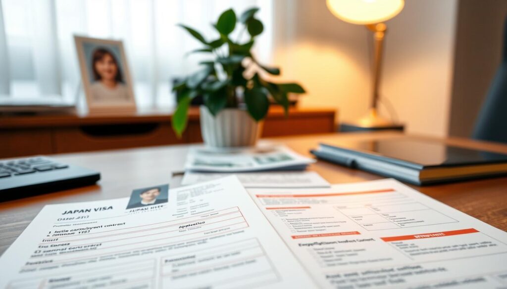 A close-up view of Japan visa documents laid out neatly on a wooden desk. The foreground features an open application form with detailed sections for personal information, a passport-sized photograph, and checklists of required documents. In the middle, a small pile of supporting documents such as a copy of the employment contract and identification proof are visible. In the background, a softly blurred office environment with a potted plant and a warm desk lamp provides a professional atmosphere. Gentle, warm lighting enhances the document textures and creates an inviting mood, while focusing on clarity and organization. The image should convey a sense of diligence and preparation, perfect for illustrating the theme of applying for a Japan visa.