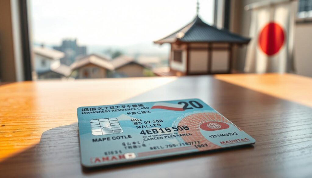 A close-up view of a Japanese residence card prominently displayed on a wooden table, featuring intricate security elements and the iconic Japanese flag in faint background. The foreground captures the detailed text and holographic features of the card, including the holder's name and immigration details, while soft natural lighting illuminates the surface, creating a warm and inviting atmosphere. In the middle ground, a subtle blur of a simple urban setting, like a traditional Japanese house or cityscape, suggests the new beginnings of a foreign worker in Japan. The image is shot from a slight top-down angle, focusing attention on the card, evoking a sense of professionalism and hope for the future.