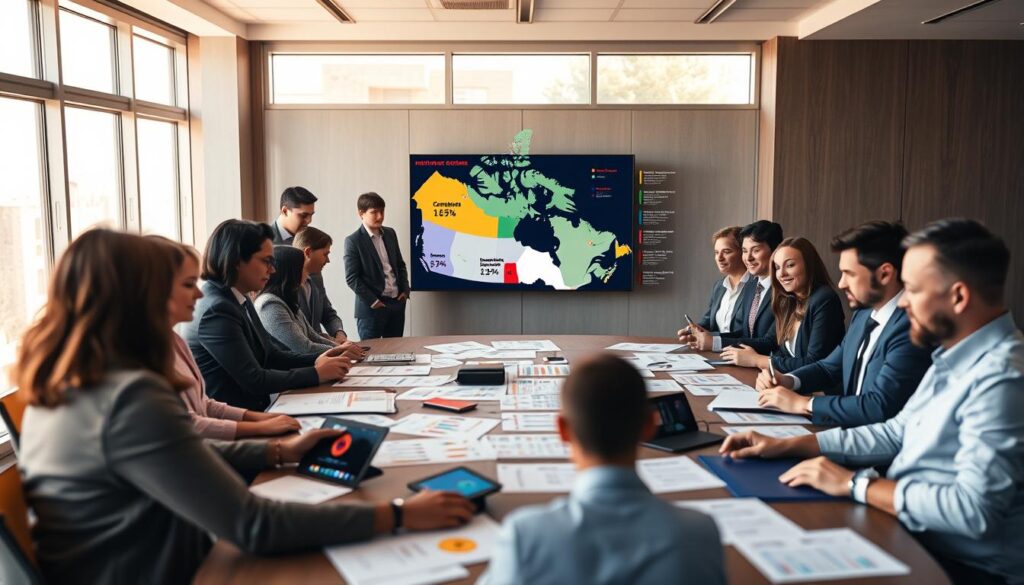 A detailed depiction of the National Occupational Classification (NOC) code system in Canada, showcasing a professional workspace. In the foreground, a diverse group of individuals dressed in smart business attire, representing different professions, are gathered around a large table filled with papers and digital devices displaying colorful infographics about shortage occupations. In the middle, a wall-mounted screen shows a map of Canada with highlighted provinces and their respective NOC codes. The background features large windows allowing soft, natural light to flood the room, creating an open and inviting atmosphere. The use of a shallow depth of field emphasizes the focus on the group, while warm lighting adds a professional yet engaging mood to the image.