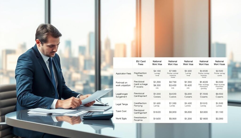 A detailed illustration of the costs associated with work visas, focusing on the EU Blue Card and National Work Visa. In the foreground, a professional businessperson in smart attire is analyzing paperwork and financial documents on a sleek desk, surrounded by a laptop and a calculator. In the middle ground, a well-organized chart displays various costs like application fees, legal charges, and processing times, depicted in an engaging, infographic style. The background features a softly blurred office setting with a large window showing an urban skyline, symbolizing opportunity. The lighting is bright and inviting, reflecting a serious yet optimistic atmosphere, suggesting the importance of clarity in navigating visa costs and timelines. The overall mood is focused and informative, encouraging viewers to consider the financial aspects of work authorization.