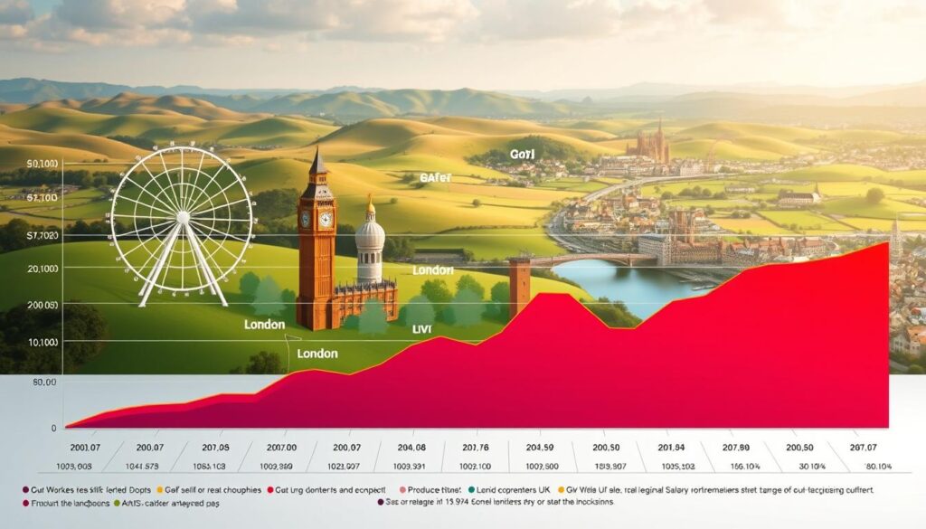 A detailed illustration representing regional salary variations across the UK, focusing on contrasting landscapes and cities. In the foreground, a polished graph showcases varying salary levels for skilled workers, with bright colors indicating different regions. The middle section features iconic UK landmarks like the London Eye, Big Ben, and the Cliffs of Dover to signify different areas. The background displays rolling hills and cityscapes transitioning from rural to urban settings, illustrating economic diversity. Use soft, natural lighting to create an informative and inviting atmosphere. The angle should be slightly elevated, offering a panoramic view that combines both data visualization and scenic representation. The overall mood is professional and insightful, capturing the essence of regional economic disparities.