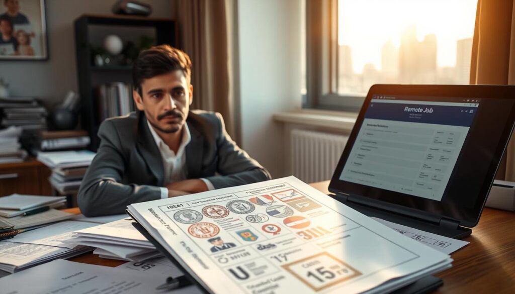 A determined individual seated at a well-organized workspace, surrounded by a scattering of documents and a laptop displaying a remote job application form. The foreground features their focused expression, dressed in professional business attire, symbolizing resilience. In the middle ground, a partially open folder reveals stamps and symbols representing various countries and visa types, illustrating the complexities of remote work visa applications. The background shows a window with a city skyline, sun streaming in to create a hopeful atmosphere. The lighting is warm and inviting, with a slight depth of field to emphasize the subject. The overall mood is one of determination and optimism, showcasing the journey of overcoming obstacles in the visa application process.