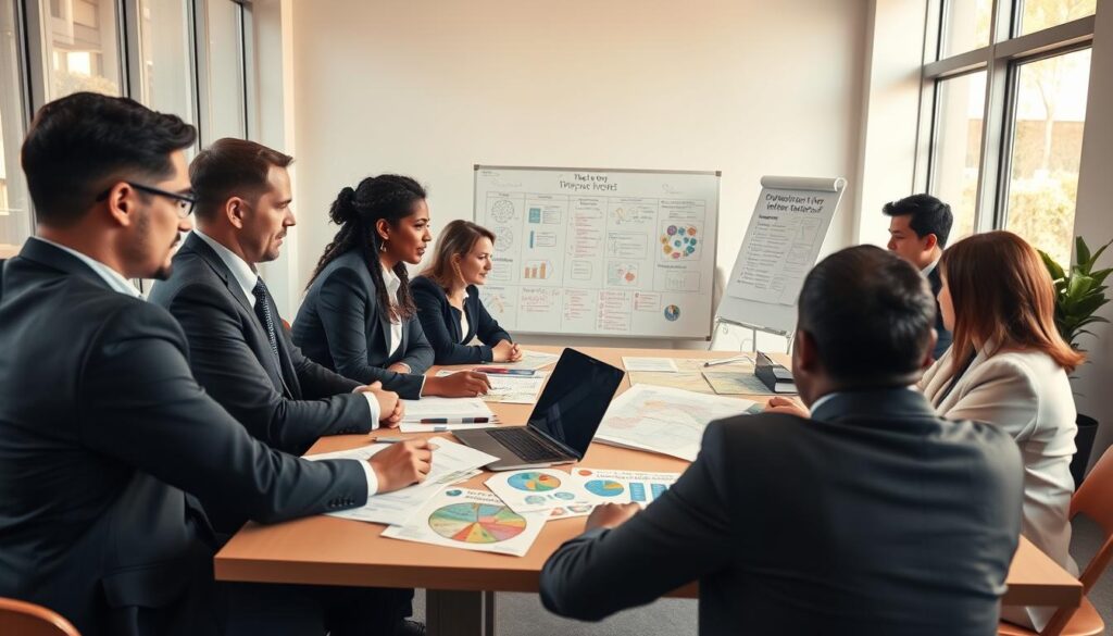 A diverse group of professionals in business attire is gathered around a large table, engaged in an intense discussion about preparing for international NGO roles. The foreground features a detailed view of their focused expressions, with maps, laptops, and documents scattered across the table, symbolizing strategic planning and collaboration. In the middle ground, a whiteboard filled with colorful diagrams and goals highlights the objectives of their preparation. The background shows a bright, airy office space with large windows allowing warm, natural light to flood the room, creating an optimistic atmosphere. The scene is captured from a slightly elevated angle to provide a comprehensive view of the teamwork in action, evoking a sense of purpose and dedication among the participants.