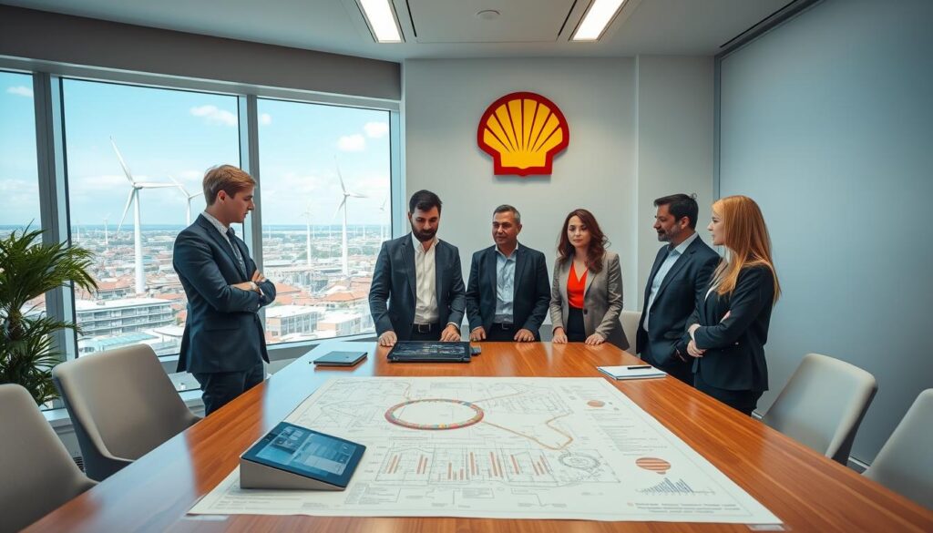 A dynamic corporate office setting showcasing the Shell logo prominently on the wall, with diverse professionals—men and women of various ethnicities—dressed in smart business attire, engaging in discussion around a conference table. In the foreground, a detailed blueprint of energy projects laid out on the table with a digital tablet displaying data analytics. In the middle ground, a large window revealing a city skyline with wind turbines and solar panels visible, emphasizing the energy sector focus. The lighting is bright and inviting, highlighting the professionalism of the environment. The camera angle captures both the conference table and the expansive view outside, creating a sense of progress and innovation, reflecting Shell's commitment to sustainable energy and its support for visa sponsorship in the Netherlands. The overall atmosphere is optimistic and forward-looking, promoting collaboration and opportunity.