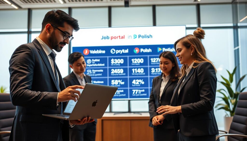 A modern office setting depicting a group of diverse professionals engaged in a collaborative job search. In the foreground, a South Asian man in a tailored suit is discussing with a Polish woman in business attire, both focused on a laptop displaying job listings from Polish job portals. In the middle ground, a large digital screen showcases prominent job portal logos and statistics, emphasizing opportunities in Poland. The background features a sleek office environment with large windows allowing natural light to illuminate the scene. The mood is optimistic and professional, illustrating teamwork and ambition. The perspective is slightly angled to highlight the interaction between the individuals, with a warm color palette to convey a sense of hope and opportunity.
