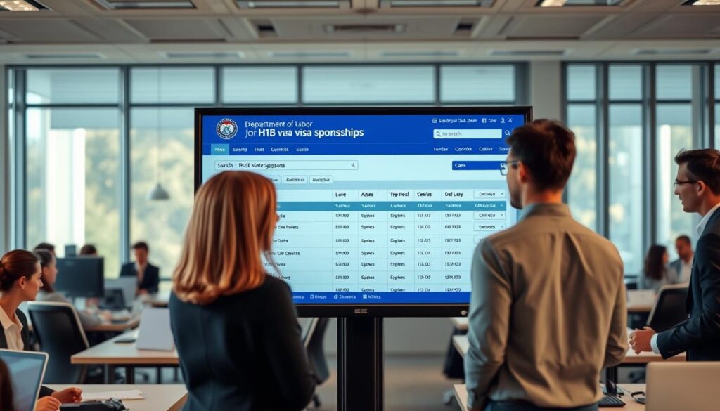 A modern office setting featuring a large computer screen displaying a detailed database search interface for the Department of Labor, specifically focusing on H1B visa sponsorships. In the foreground, a diverse group of professionals in business attire, including a middle-aged woman and a young man, are actively discussing the data displayed on the screen. In the middle ground, office desks are neatly organized with paperwork and digital devices, creating a functional workspace. The background encompasses large windows allowing natural light to flood the space, enhancing the atmosphere of productivity. Soft, warm lighting casts gentle shadows, promoting a mood of collaboration and focus. The overall composition should convey a professional and informative vibe, free from any text, watermarks, or distractions.
