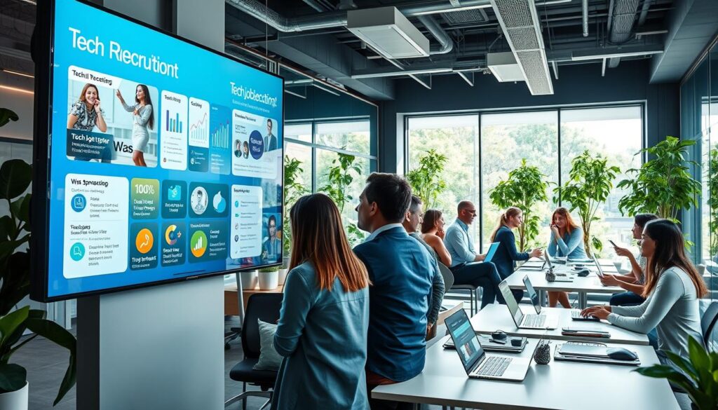 A modern office space designed for tech recruitment, showcasing a vibrant, collaborative atmosphere. In the foreground, a large digital screen displays dynamic visuals of various tech job listings and visa sponsorship options. Midground features diverse professionals in smart casual attire, engaged in discussions and presentations, surrounded by laptops and tech gadgets. The background highlights glass walls with greenery, indicating an eco-friendly workspace, complemented by soft, natural lighting pouring in through large windows. The mood is energetic and optimistic, reflecting innovation and opportunity in the tech job market. Use a wide-angle lens to capture a sense of openness and community in the environment.