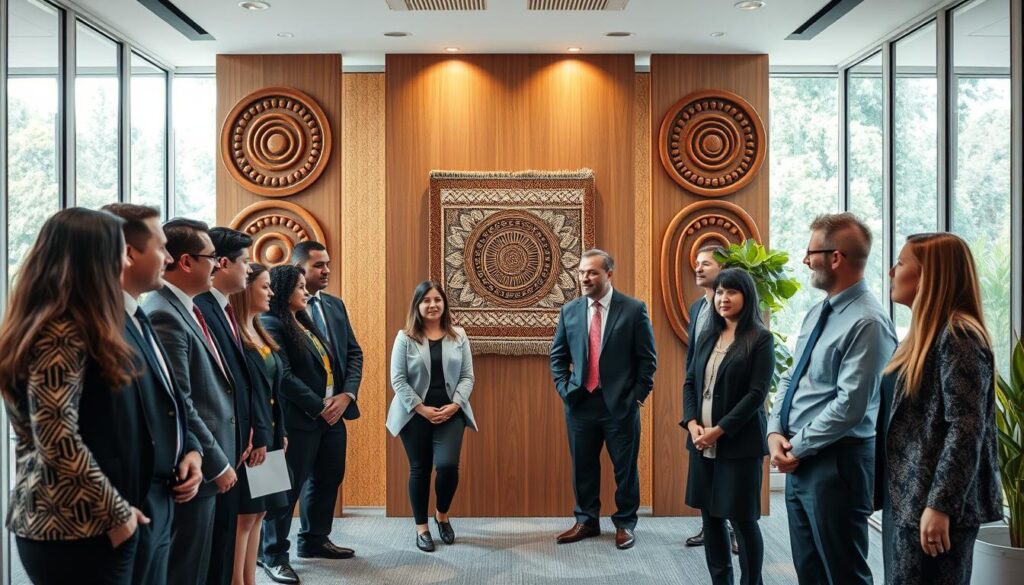 A modern office space featuring Māori cultural elements integrated into the design. In the foreground, a diverse group of professionals wearing smart business attire are engaged in a collaborative discussion, surrounded by Māori motifs like koru patterns and wooden carvings. In the middle, a large panel displaying traditional Māori art and a woven tāniko piece serves as a backdrop, enhancing the cultural atmosphere. The lighting is warm and inviting, with soft natural light streaming through large windows, highlighting the craftsmanship of the decorations. In the background, lush greenery is visible outside, contributing to a serene and welcoming environment. The overall mood is harmonious and inclusive, emphasizing the blend of Māori culture with contemporary workplace etiquette.