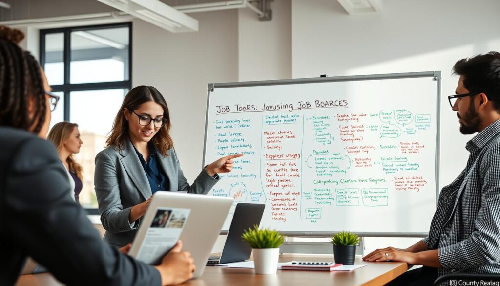 A modern workspace featuring a diverse group of professionals collaborating on job search strategies. In the foreground, a focused woman in professional attire is reviewing a laptop displaying various job board websites, while a man beside her, also in business attire, enthusiastically points to a job listing. The middle ground showcases a large whiteboard filled with colorful notes and diagrams detailing effective strategies for using job boards, like keyword optimization and application tracking. In the background, a window allows natural light to flood the room, creating a bright and inviting atmosphere. The overall mood is one of teamwork and determination, emphasizing a proactive approach to job searching. The image captures clarity and motivation, suitable for an informative article section on job search strategies.