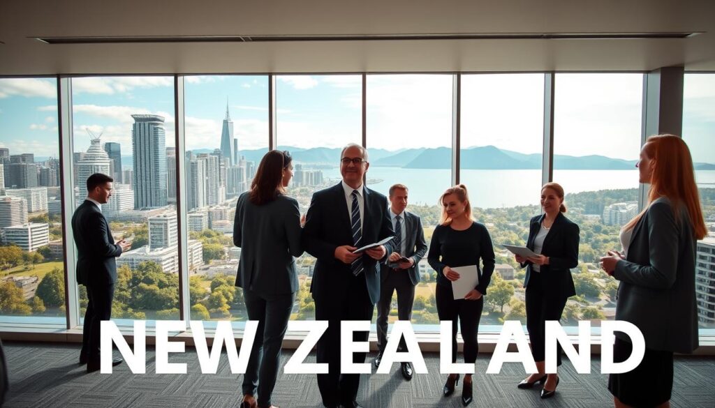 A panoramic view of a bustling New Zealand cityscape, showcasing a vibrant skyline with modern office buildings and lush green parks. In the foreground, a diverse group of professionals in business attire, including men and women of various ethnicities, are engaged in a discussion, holding documents and laptops, symbolizing the relocation process. The middle ground features a welcoming office with a large window revealing a stunning view of the mountains and ocean beyond. Soft, natural lighting highlights the scene, creating an optimistic and inviting atmosphere. The camera angle is slightly elevated, capturing both the busy professionals and the breathtaking landscape, evoking a sense of opportunity and new beginnings in New Zealand.