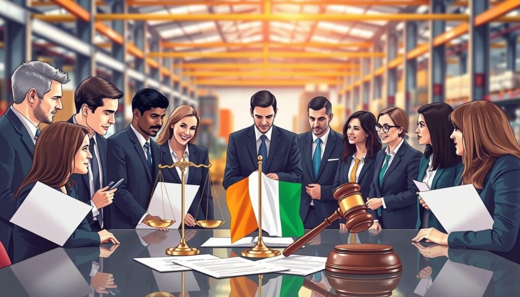 A professional and informative illustration depicting the concept of "Irish Labor Laws" related to sponsored workers in Ireland. In the foreground, a diverse group of workers in professional business attire—men and women of different ethnicities—are gathered around a table discussing legal documents. In the middle ground, symbolic representations of scales of justice and a gavel rest alongside the Irish flag, signifying fairness and legal protection. The background features a blurred image of an industrial warehouse, hinting at the type of work involved. The lighting is bright and clear, suggesting a sense of optimism and clarity, while the angle is slightly elevated to capture the discussions' collaborative nature, creating an atmosphere of professionalism and empowerment.