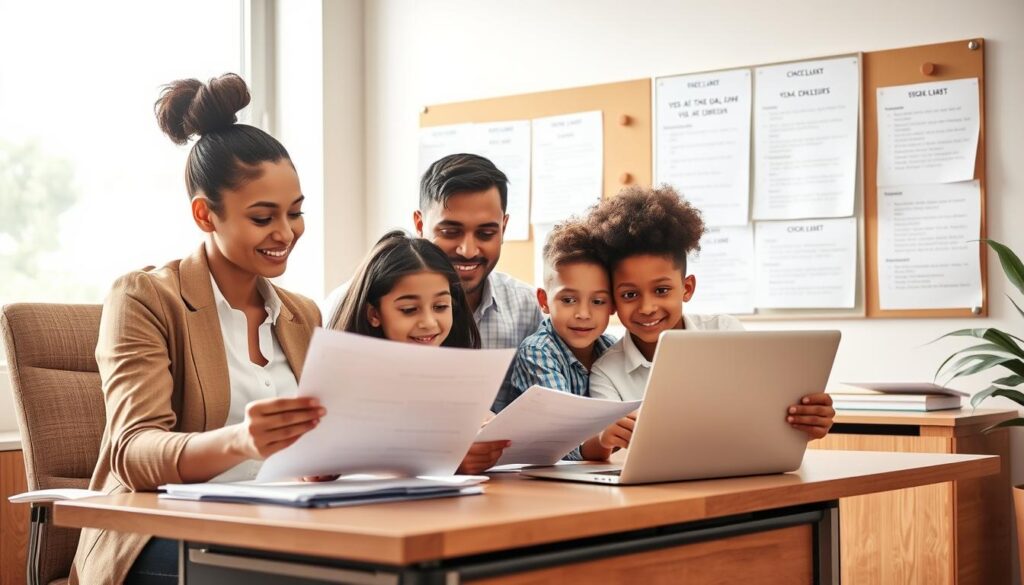 A professional and inviting office space, showcasing a diverse family engaged in the visa application process. In the foreground, a mother and father, dressed in smart casual attire, sit together at a desk, examining documents and checking forms on a laptop. Their two children, a girl and a boy, are nearby, looking curious and attentive. In the middle background, a large bulletin board displays important checklists and visa guidelines. Soft, natural light filters through a window, casting warm tones across the room. The overall atmosphere is one of hope and determination, emphasizing family unity amidst the process of relocating abroad. The image captures a moment of collaboration, planning, and the excitement of starting a new adventure together.