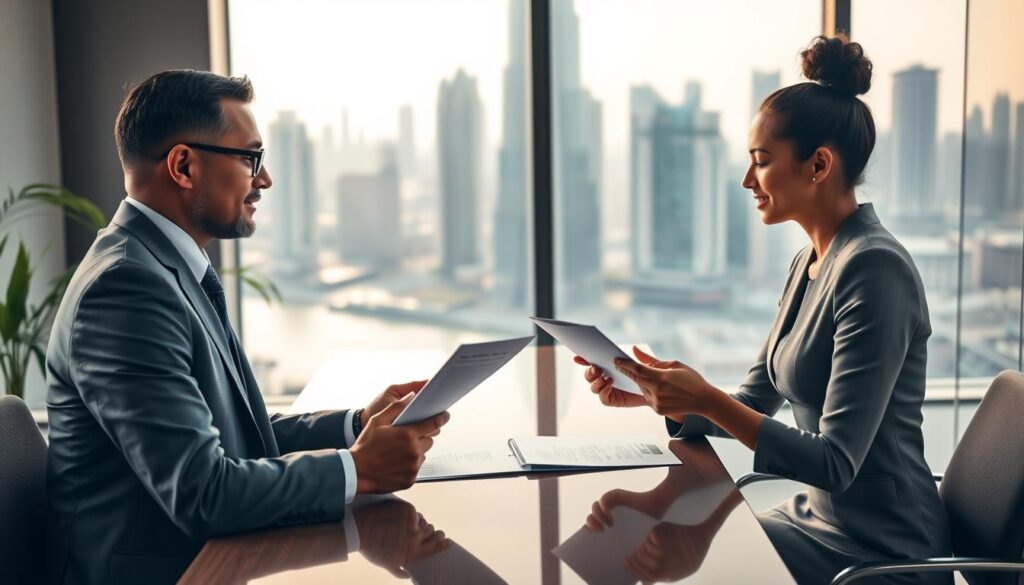 A professional business setting depicting a salary negotiation scene. In the foreground, two diverse individuals—a middle-aged man in a tailored suit and a young woman in a smart business dress—are seated at a sleek conference table, exchanging documents and discussing salary figures. The middle ground features a large window overlooking Dubai's iconic skyline, with modern skyscrapers and the Burj Khalifa visible. The background includes subtle elements like a potted plant and a glass partition to enhance the professional atmosphere. Soft, natural lighting streams through the window, creating a warm and inviting ambiance. The mood conveys focus and determination, emphasizing the negotiation process without distractions.