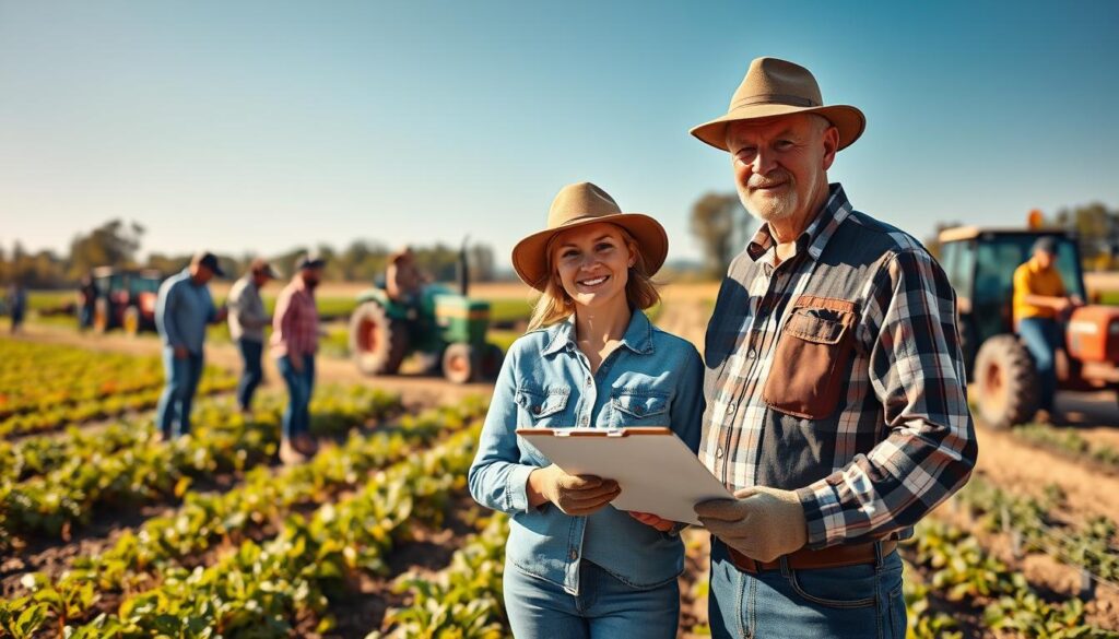 A professional farm setting, showcasing a diverse group of individuals engaged in various farm jobs. In the foreground, a young woman in modest casual clothing stands confidently with a clipboard, discussing plans with an older man in a hat and gloves, embodying teamwork and organization. The middle ground features vibrant fields with crops, farm equipment like tractors, and workers in the background efficiently tending to plants, representing hard work and dedication. The scene is bathed in warm, golden sunlight, creating an optimistic and inviting atmosphere. A clear blue sky adds to the feeling of a productive day on the farm. The perspective is a wide-angle shot, capturing the essence of community and the spirit of success in farming.