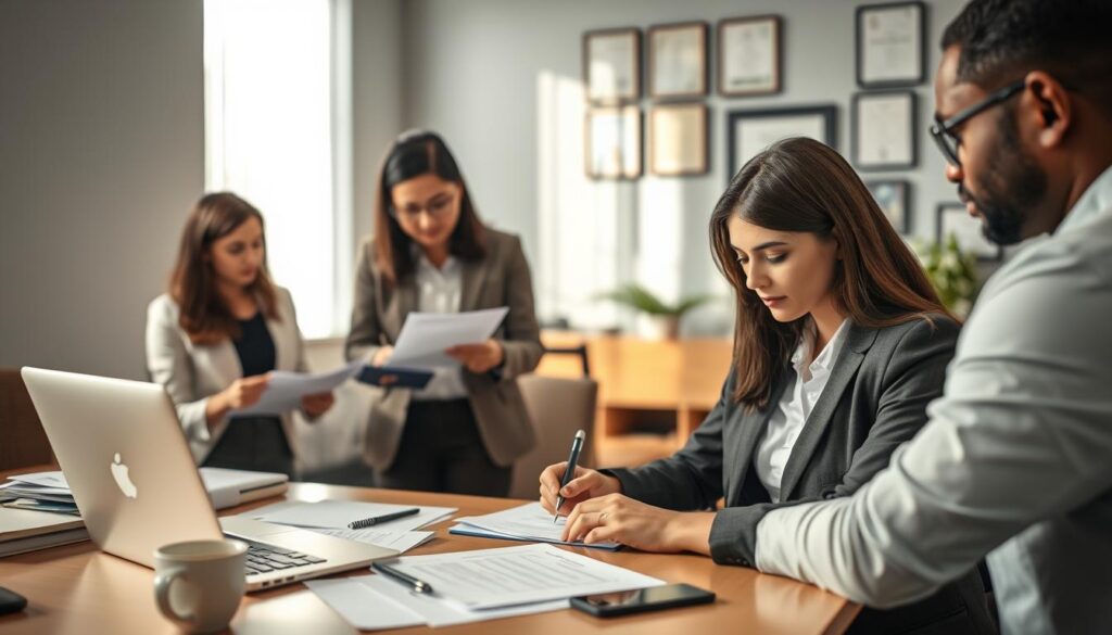 A professional office environment featuring a diverse group of individuals engaged in the visa application process. In the foreground, a focused young woman in business attire is filling out forms at a desk, surrounded by neatly organized documents, a laptop, and a cup of coffee. The middle ground includes two colleagues, one assisting her by pointing at a checklist and the other reviewing a passport. The background shows a wall with framed certificates and a window with soft, natural light streaming in, casting gentle shadows. The mood is collaborative and determined, emphasizing the importance of preparation in securing visa sponsorship for jobs.