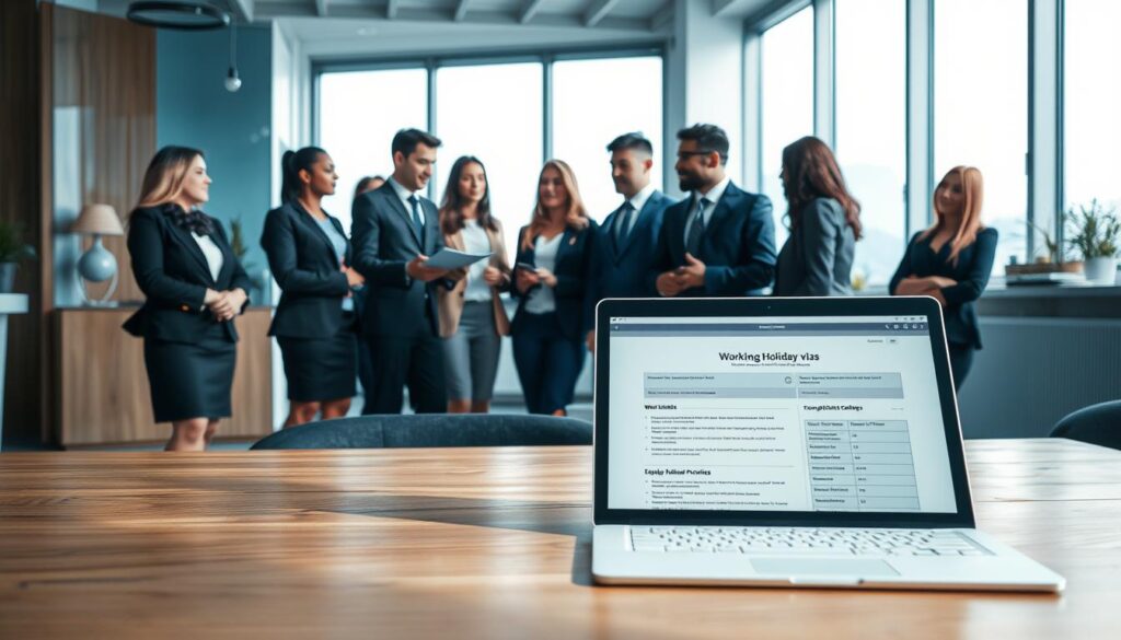 A professional office setting highlighting the theme of employment restrictions. In the foreground, a diverse group of individuals dressed in smart business attire, engaged in a discussion. They appear focused, with one person gesturing to a chart illustrating work limitations, while another takes notes. The middle ground features an open laptop displaying a visa application form, symbolizing the contrast between working holiday visas and work permits. In the background, large windows let in soft, natural light, illuminating the space and creating an inspiring atmosphere. The color palette is a mix of cool blues and warm wood tones, conveying a balance of professionalism and approachability. The composition captures an essence of collaboration, reflection, and the complexities of employment freedoms.