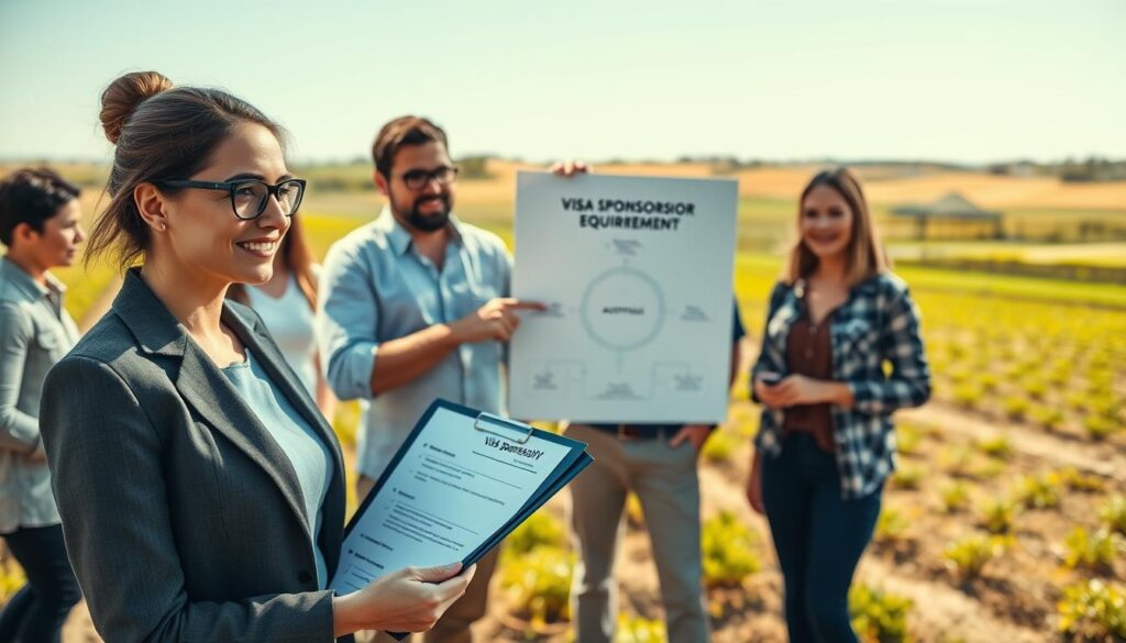 A professional setting depicting a diverse group of individuals discussing visa sponsorship requirements for farm jobs in Australia. In the foreground, a businesswoman in professional attire holds a clipboard with a checklist of visa requirements, showing clarity and focus. In the middle, a man in smart casual clothing stands next to her, pointing at a diagram illustrating the process of obtaining sponsorship, highlighting teamwork and collaboration. The background features a farm landscape with fields and crops, symbolizing the agricultural context. The scene is brightly lit with warm sunlight, creating an inviting atmosphere. The camera angle is slightly elevated, providing a comprehensive view of the group and their surroundings, emphasizing the importance of the discussion.
