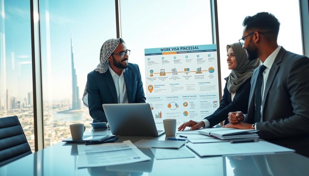 A professional setting depicting the UAE work visa process. In the foreground, a diverse group of two business professionals, one Emirati and one expatriate, are discussing visa documentation at a sleek modern desk cluttered with papers, a laptop, and a coffee cup. In the middle ground, a large infographic poster showcases key steps in the visa application process with icons and flowcharts. The background features a panoramic view of Dubai's skyline, emphasizing iconic structures like the Burj Khalifa under a bright blue sky. Soft natural lighting streams in through large glass windows, creating an inspiring atmosphere that conveys professionalism and opportunity. The scene is composed with a neutral depth of field to highlight the subjects.