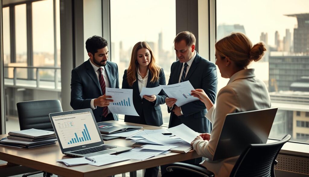 A professional setting illustrating the "UK Skilled Worker Visa Salary Requirements" subject. In the foreground, a diverse group of three individuals in business attire (two men and one woman) engaged in a discussion, analyzing documents and charts related to salary requirements. The middle ground features a modern office desk cluttered with papers, a laptop displaying graphs, and an open laptop with a UK flag sticker. The background showcases a glass window with a view of London’s skyline, suffused with warm, inviting daylight. The atmosphere is one of collaboration and focus, with soft shadows to create depth. Capture this in a realistic style with a slight depth of field, emphasizing the main subjects while keeping the background slightly blurred to maintain a professional tone.