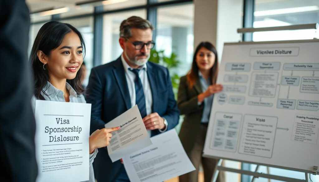 A professional setting showcasing a diverse group of individuals in business attire engaged in a discussion about visa sponsorship. In the foreground, a young professional of Asian descent holds a document labeled 'Visa Sponsorship Disclosure,' pointing at it with an expression of curiosity. In the middle ground, a middle-aged Caucasian man gestures towards a whiteboard filled with flowcharts and key terms related to the visa process. The background features a modern office environment with large windows allowing soft natural light to flood the room. The overall mood is focused and collaborative, reflecting a supportive atmosphere for discussing career opportunities. The lens captures a slight wide-angle view to convey inclusivity and engagement among the participants.