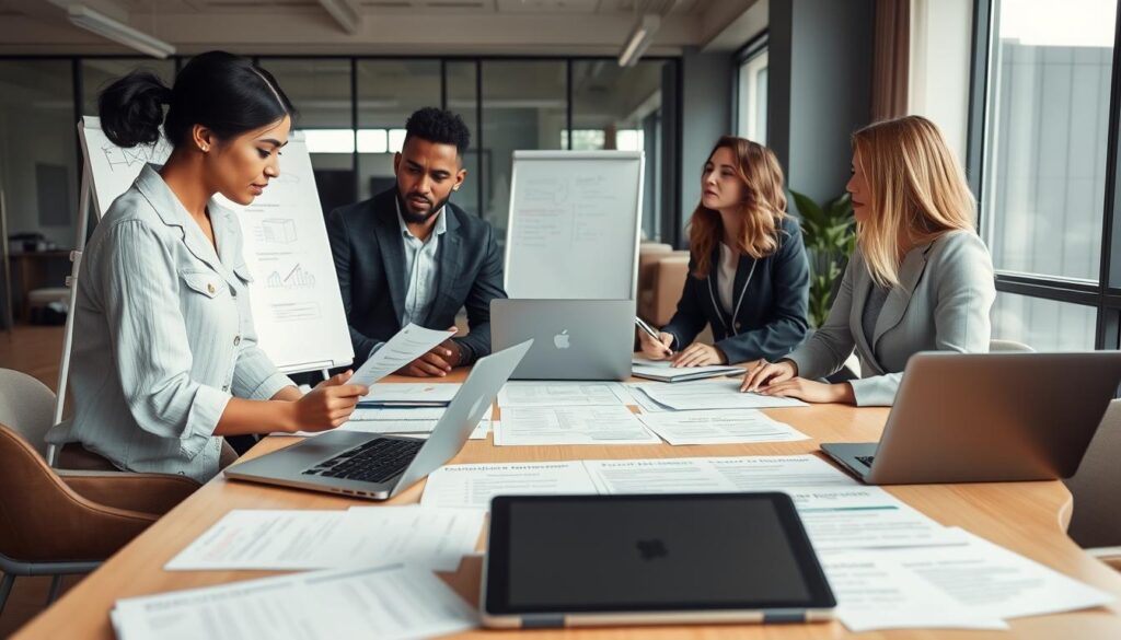 A professional workspace featuring a diverse group of three individuals—one Asian woman, one Black man, and one Caucasian woman—collaboratively building a case for visa sponsorship. In the foreground, they are engaged in a discussion, surrounded by open laptops, documents, and a whiteboard filled with diagrams and notes. The middle ground displays an organized conference table with scattered papers highlighting qualifications, benefits of sponsorship, and potential employer insights. The background shows a modern office with large windows allowing natural light to filter in, enhancing a sense of productivity. The overall mood is focused and collaborative, with an atmosphere of determination and professionalism, captured with a soft focus that emphasizes the teamwork and consultation taking place.