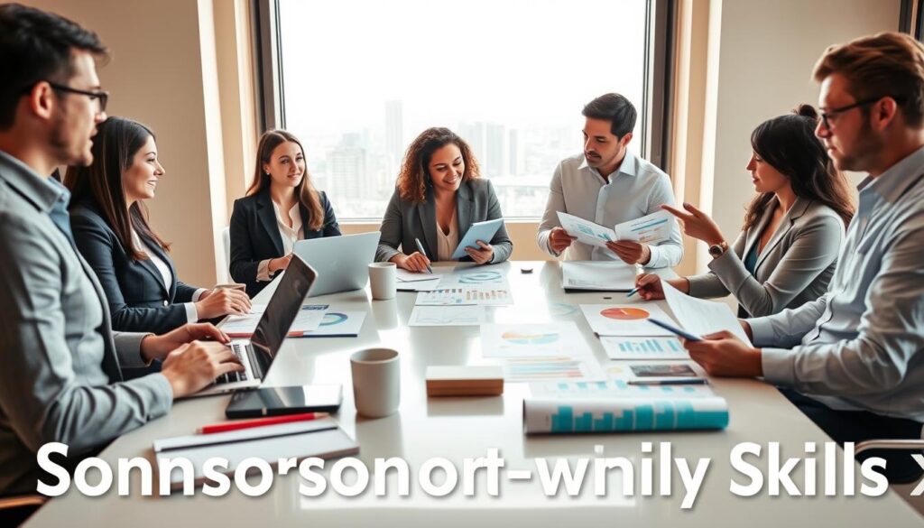A professional workspace filled with tools representing various skills that boost employability. The foreground features a diverse group of individuals in business attire, each demonstrating skills: one is presenting with a laptop, another is analyzing data on a tablet, and a third is engaging in a collaborative discussion with charts and documents. In the middle, a sleek conference table with stationery, coffee cups, and colorful infographics subtly showcase creativity and analytical thinking. The background includes a bright window with a cityscape, symbolizing global opportunities. The lighting is natural and warm, creating an inviting atmosphere that highlights professionalism and teamwork. The scene captures motivation and success without any distractions, reinforcing the importance of showcasing sponsorship-worthy skills.