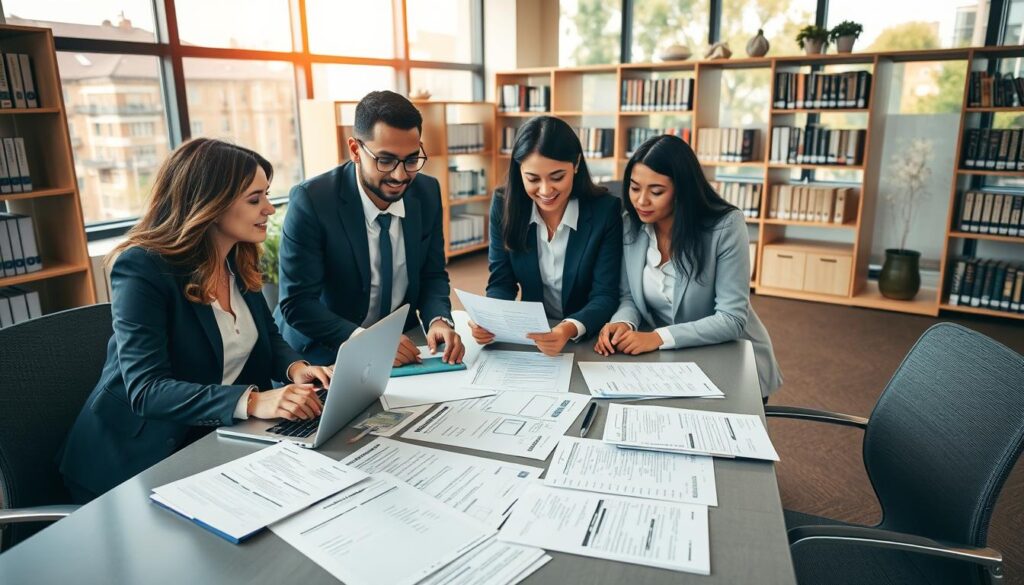 A professional workspace illustrating credential assessment in Canada. In the foreground, a diverse group of three individuals dressed in professional business attire is engaged in discussion over assessment documents and applications, with a laptop open next to them. In the middle, an organized table is filled with documents like educational transcripts, resumes, and Canadian immigration forms, showcasing the specific requirements for shortage occupation applications. The background should depict a modern office with large windows allowing natural light to flood in, creating an atmosphere of focus and collaboration. Use warm lighting for an inviting feel, and include shelves filled with books on immigration and Canadian policies. The angle should be slightly elevated, capturing the vibrancy of teamwork and professionalism central to the assessment process.