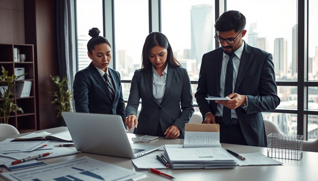 A thoughtful office environment illustrating the complexities of visa sponsorship challenges. In the foreground, a diverse group of three professionals in business attire—two individuals are engaged in a discussion, pointing at a laptop displaying a visa application, while the third takes notes, looking concerned. The middle layer features an assortment of documents, charts, and a calendar, symbolizing the bureaucratic hurdles faced during the sponsorship process. In the background, large windows let in soft, natural light, casting gentle shadows, and showcasing a bustling cityscape, enhancing the sense of urgency. The mood is one of determination, mixed with a hint of anxiety, capturing the essence of navigating challenges while seeking opportunities for entry-level roles in a global company.
