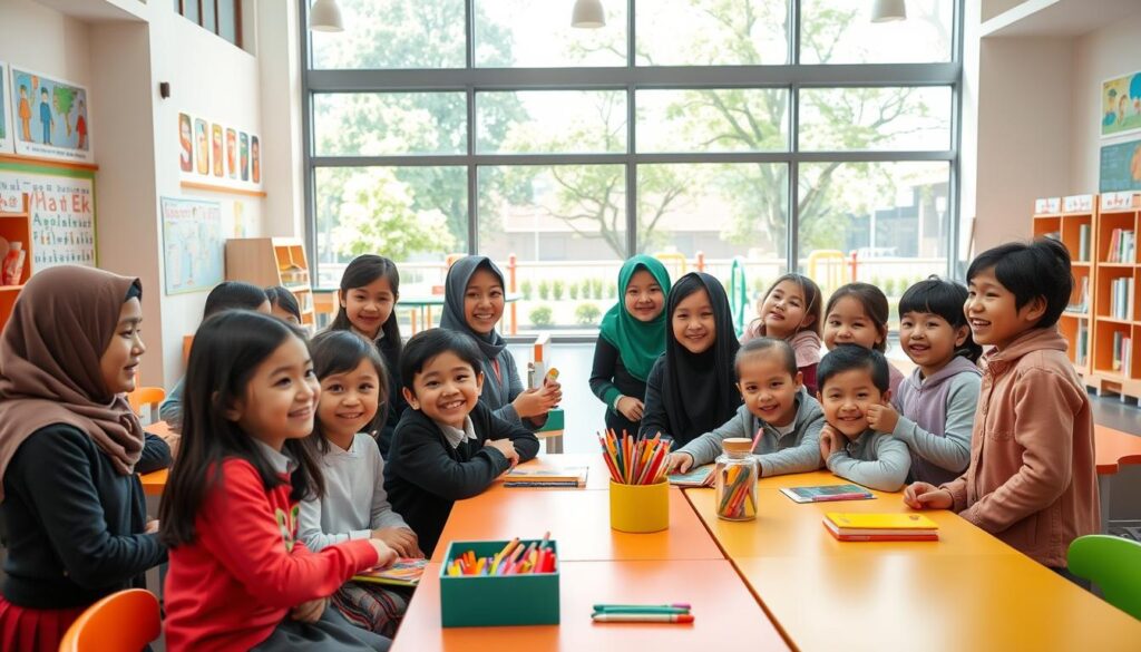 A vibrant international school setting, showcasing a diverse group of children engaged in a collaborative learning environment. In the foreground, a multicultural group of students, dressed in professional and modest casual attire, interact happily at colorful tables filled with school supplies. The middle ground features a modern classroom adorned with educational posters and art projects reflecting various cultures. In the background, large windows allow natural light to flood the space, revealing a lush outdoor area with trees and play equipment. The overall atmosphere is friendly and dynamic, evoking a sense of inclusivity and enthusiasm for learning. The scene should be captured from a slight angle, emphasizing the interactions between students and the warm, inviting interior of the school.