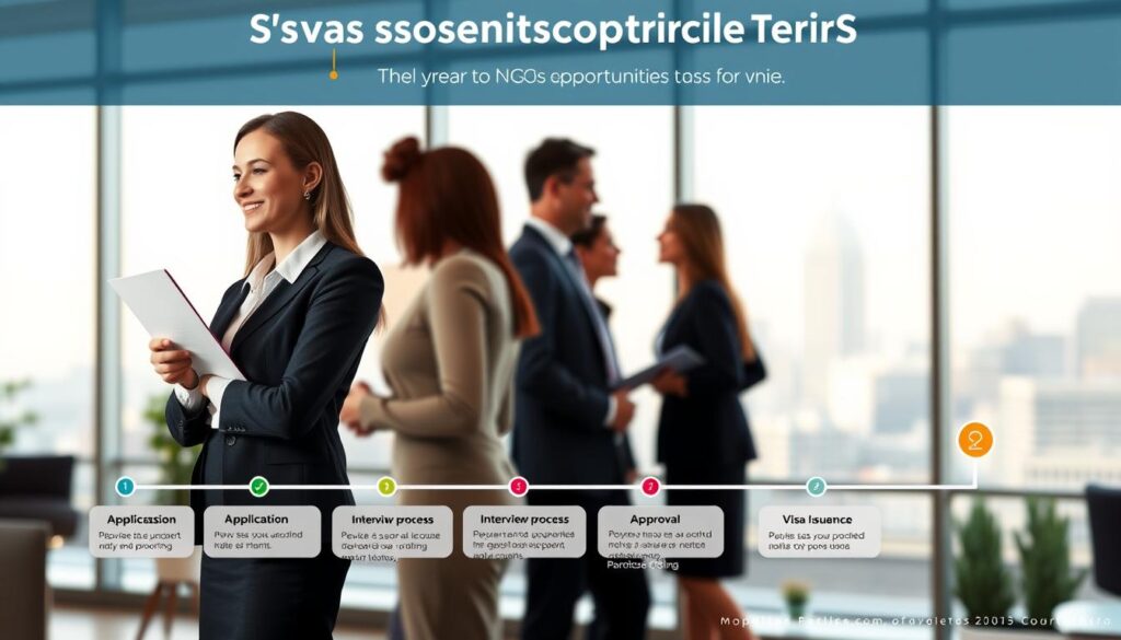 A visually engaging infographic depicting a visa sponsorship timeline for NGOs. In the foreground, showcase a clear flowchart design with distinct milestones such as "Application Submission," "Interview Process," "Approval," and "Visa Issuance," each represented by colorful icons. In the middle ground, illustrate a diverse group of professionals, including a woman in business attire holding a document, a man in a suit discussing with a colleague, all set against an office environment. The background should feature a softly blurred cityscape through a large window, providing a sense of broader opportunities. The image is well-lit, highlighting the professionals and the flowchart, with a warm and inviting atmosphere that inspires hope and clarity.