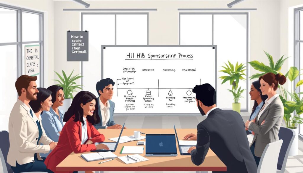 A visually engaging step-by-step illustration of the H1B sponsorship process. In the foreground, a diverse group of professionals of various ethnicities, dressed in smart business attire, are gathered around a large table filled with documents, laptops, and a flowchart displaying the steps of the H1B sponsorship process. In the middle ground, a whiteboard outlines key stages like application, employer sponsorship, and visa approval with simple icons representing each stage. The background features a modern office environment with motivational posters and plants, adding a sense of professionalism. Bright, natural lighting filters through large windows, casting soft shadows and creating a focused, optimistic atmosphere. The composition encourages a sense of collaboration and determination.