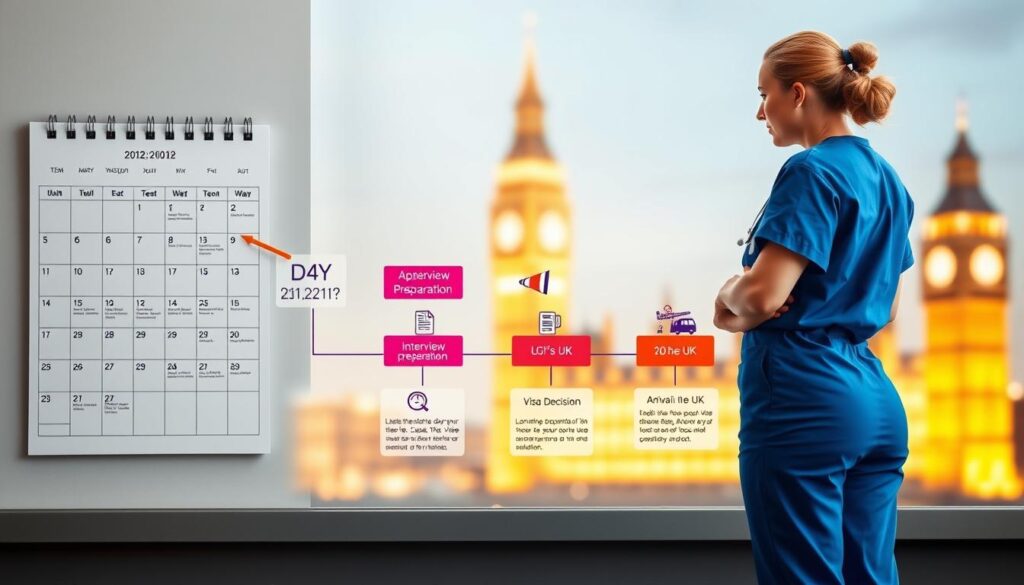 A visually engaging timeline depicting the UK nursing visa application process, featuring a series of illustrated milestones. In the foreground, a nurse in professional scrubs stands beside a large wall calendar, pointing to key dates. The middle section displays a sleek flowchart with labeled steps: "Application Submission," "Interview Preparation," "Visa Decision," and "Arrival in the UK." Each step is highlighted with vibrant colors and icons representing documents and travel. The background shows a soft-focus image of the UK skyline, illuminated by warm, inviting lighting, suggesting hope and opportunity. The atmosphere is informative yet optimistic, ideal for a professional audience interested in nursing opportunities in the UK.
