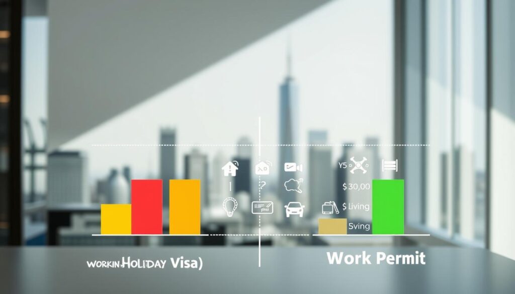 A visually striking infographic comparing the costs of a Working Holiday Visa and a Work Permit, set against a clean, modern design. In the foreground, a bar chart displaying the costs associated with each visa type, with vivid colors differentiating the two categories. The middle layer features icons representing essential expenses such as application fees, travel costs, and living expenses, neatly organized. The background shows an abstract cityscape, creating a professional atmosphere that suggests international work environments. Natural lighting illuminates the chart and icons, and the angle is slightly elevated to provide a clear view of the information. The overall mood is informative and engaging, inviting the viewer to explore the cost differences without any text or distractions.