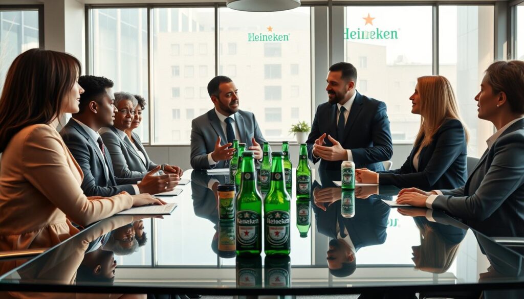 A visually striking scene depicting a professional business meeting between diverse individuals in smart attire, centered around a large glass conference table. In the foreground, two people are engaged in conversation, gesturing actively, while the background showcases a modern office decorated with Heineken branding. The middle layer features bottles and cans of Heineken subtly placed on the table, suggesting a blend of business with the beverage industry. Soft, natural light filters through large windows, creating a warm yet professional atmosphere. The overall mood is collaborative and innovative, symbolizing Heineken’s role as a prominent visa sponsor in the Netherlands. The camera angle is slightly elevated to capture the dynamic interaction and the stylish office setting.