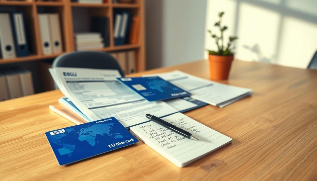 A well-organized EU Blue Card documentation package arranged on a clean, polished wooden desk. In the foreground, the package prominently displays the blue EU Blue Card, partially opened to reveal essential documents like application forms, a checklist, and identity verification papers, all in a professional format. In the middle, a sleek black pen lies next to a notepad with handwritten notes about the application process. The background features a soft-focus office environment with a shelf of neatly stacked books and a small potted plant, creating a welcoming atmosphere. The lighting is warm and inviting, casting gentle shadows, while the image is captured from a slightly elevated angle to create depth. Aim for a mood of clarity and professionalism, suitable for readers seeking guidance on the EU Blue Card application process.
