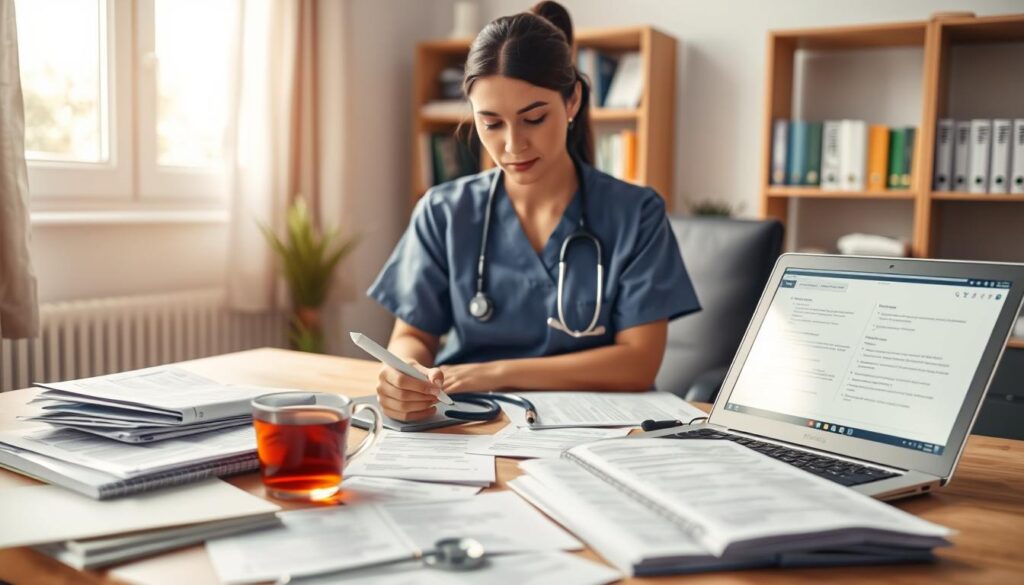 A well-organized, professional workspace showcasing English language proficiency tests for nurses. The foreground features a desk with open study materials, including booklets, flashcards, and a laptop displaying practice test questions. A cup of tea and a stethoscope rest beside the materials, symbolizing the nursing profession. In the middle, a focused nurse in professional scrubs is studying intently, taking notes with a pen. She displays a look of determination and concentration. The background includes a soft-focus bookshelf filled with medical and language reference books, and a window allowing gentle daylight to illuminate the scene, enhancing the atmosphere of diligence and professionalism. The composition is captured with a slight overhead angle to include all elements, bathed in warm, natural light for a welcoming ambiance.